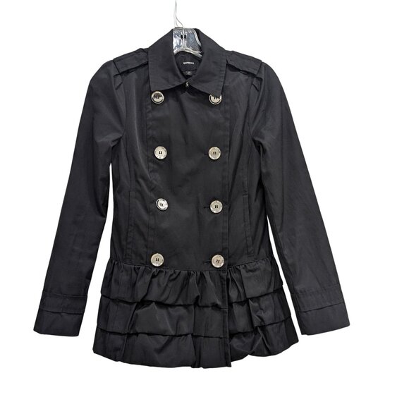Express Black Ruffle Hem Trench Coat – Double Breasted  Size XS  Preowned - Picture 2 of 7